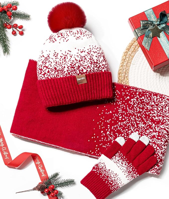 Remifa Womens Winter Beanie Hat Scarf Gloves Set, Pom Pom Warm Hat Long Knit Scarf Touchscreen Gloves 3 In 1 Christmas Gift