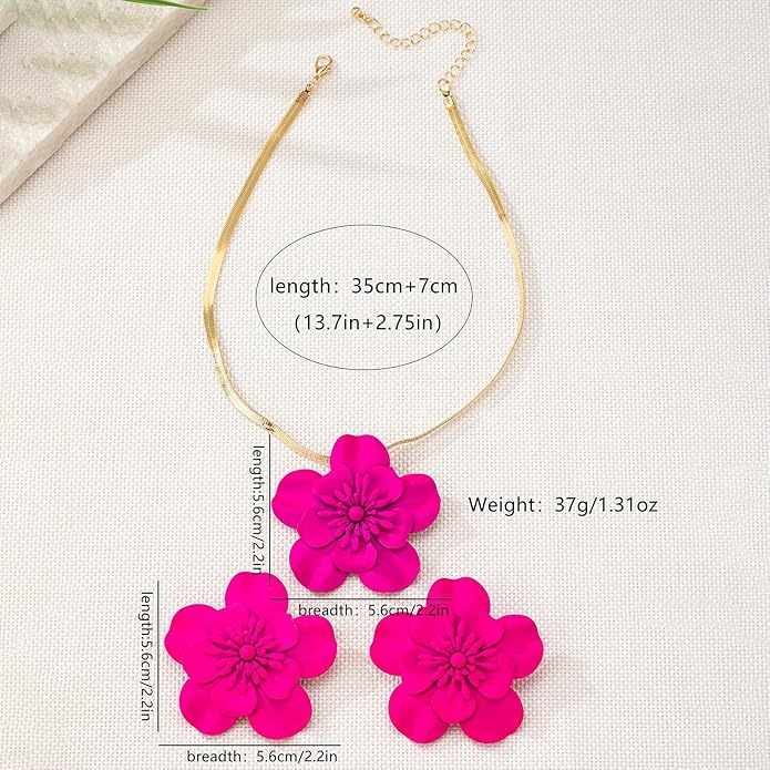 Vintage Flower Necklace Earring Set Gold Snake Chain Necklace Bohemian Red Flowers Choker Necklaces Hypoallergenic Statement Flower Stud Earrings Elegant Bridal Wedding Summer Beach Jewelry