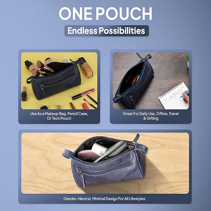 Leather Cosmetic Bags For Men and Women Travel Set HandCrafted Leather Makeup Bag, Small Toiletry Bag, Makeup Essentials Organiser Mini Cosmetic Pouch For Purse Dopp Kit