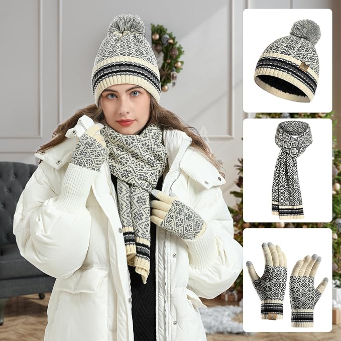Womens Winter Beanie Hat Long Scarf and Touchscreen Gloves 3Pieces Fleece Lined Skull Caps with Pompom Neck Scarves Set