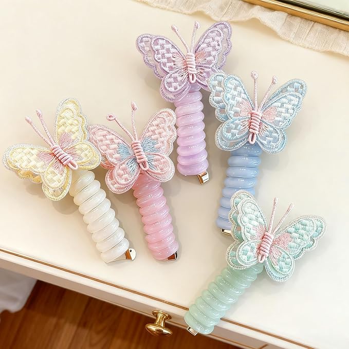 5PC Pearl Butterfly Telephone Wire Hair Ties – Spiral Elastic Bubble Ponytail Hair Bands for Women & Girls, No Damage, Soft & Stretchy Hair Accessories for High Ponytails and Braids(set-A)