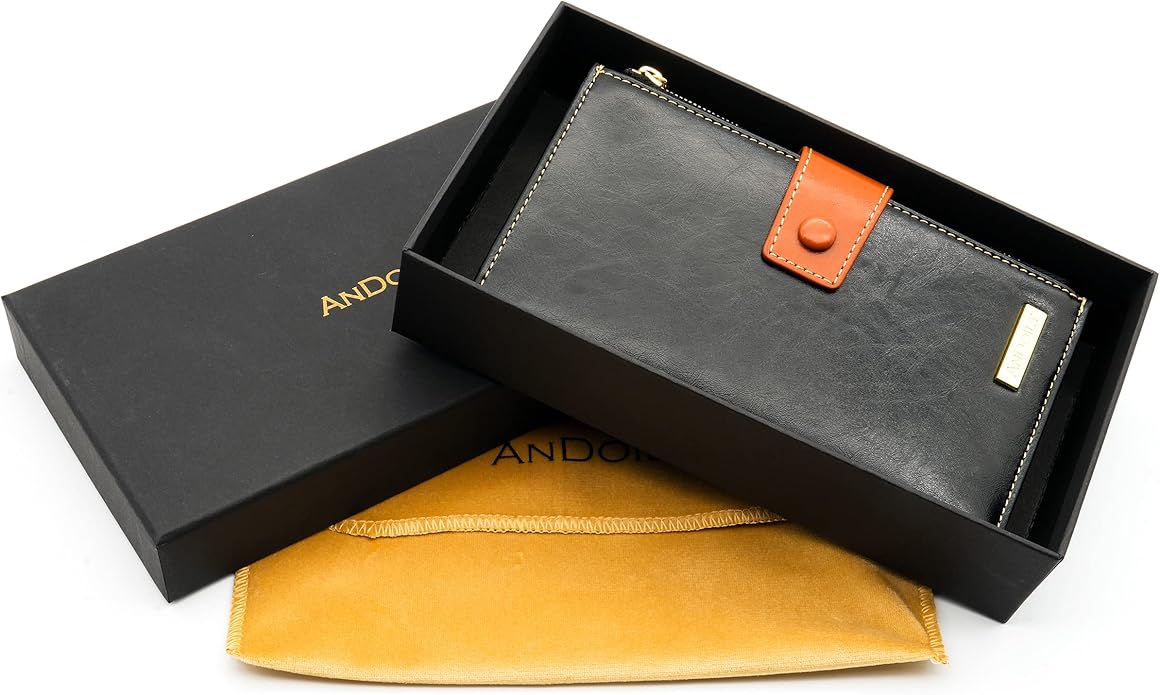 ANDOILT Wallet Women RFID Blocking Genuine Leather Bifold Multi Card Organizer Wristlet Purse Cell Phone Handbag