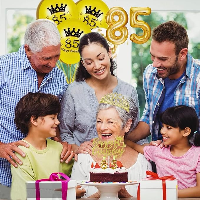 85th Birthday Decorations for Her Girls Set, Include 85th Birthday Crown and 85 Sash, 85th Birthday Cake Topper and 85 Birthday Candles, Gold 85 Balloons, Women 85th Party Supplies(Gold)