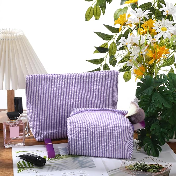2 Pieces Makeup Bag Set Cute Cosmetic Pouch for Women Seersucker Travel Toiletry Bag Preppy Small Makeup Purse Pouch Aesthetic Skincare Brushes Storage Organizer for Christmas Women(Purple)