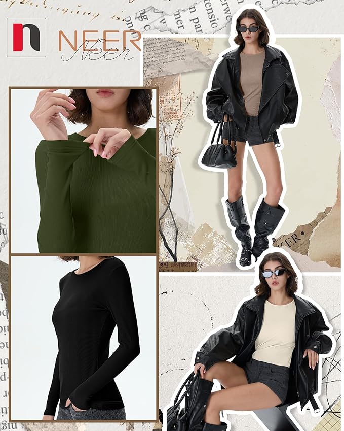 Neer 4 Pack Women's Ribbed Long Sleeve Shirts, Cotton Crew Neck Slim Fit Tops Stretch Knit Casual Base Layer Basic Tee Shirts