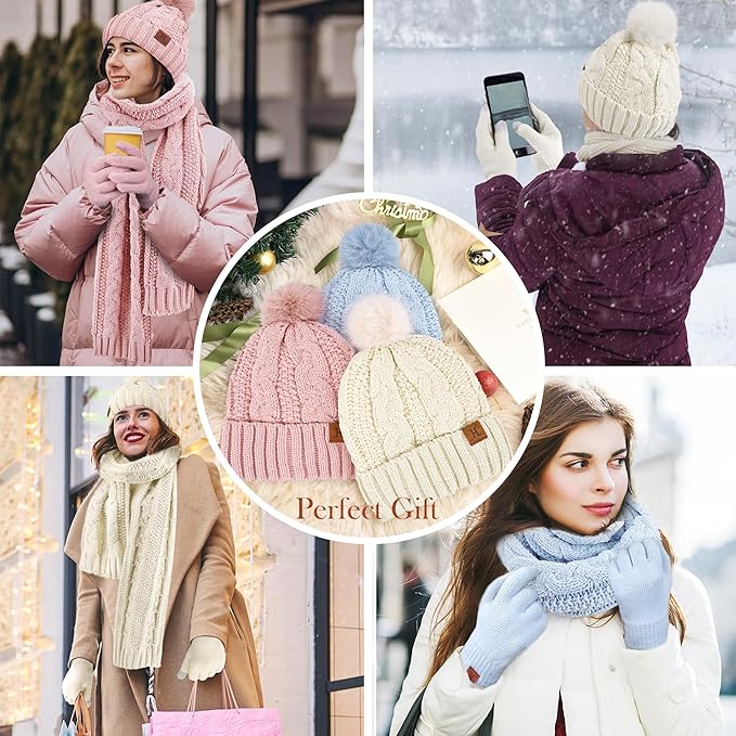 Womens Winter Beanie Hats Scarf Touchscreen Gloves Set Chenille Knit Fleece Lined Beanies Pompom Hat Scarves