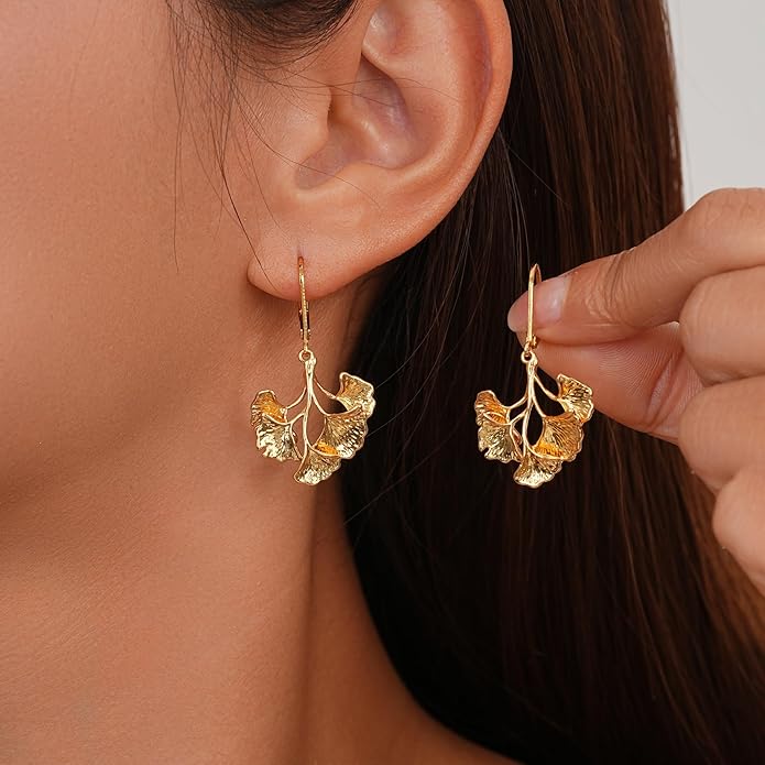 Large Gold Earrings for Women, Chunky Gold Statement Drop Dangle Earring Maple Leave Ginko Leaf Jewelry Gifts