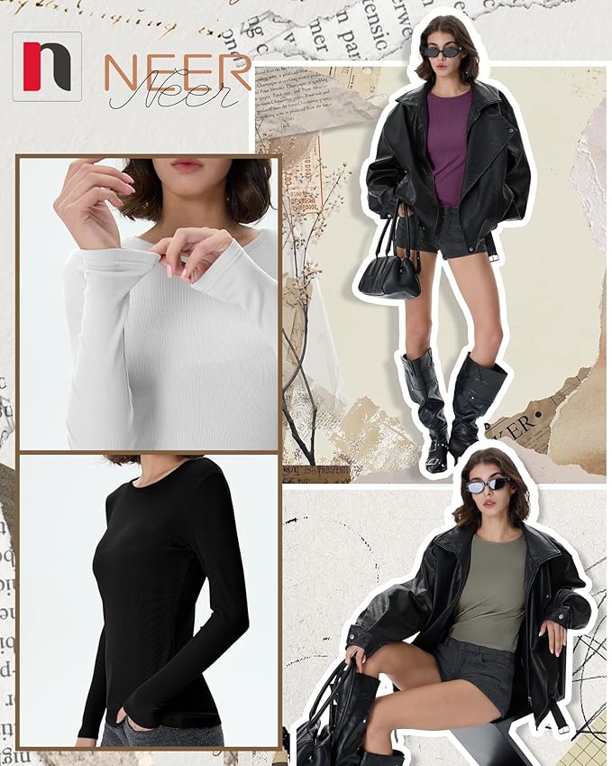 Neer 4 Pack Women's Ribbed Long Sleeve Shirts, Cotton Crew Neck Slim Fit Tops Stretch Knit Casual Base Layer Basic Tee Shirts