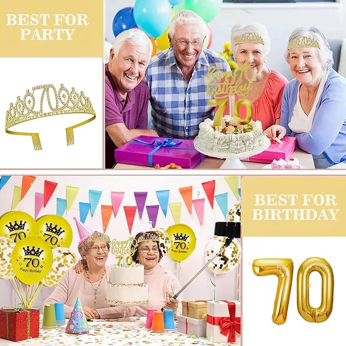 70th Birthday Decorations for Her Girls Set, Include 70th Birthday Crown and 70 Sash, 70th Birthday Cake Topper and 70 Birthday Candles, Gold 70 Balloons, Women 70th Party Supplies(Gold)