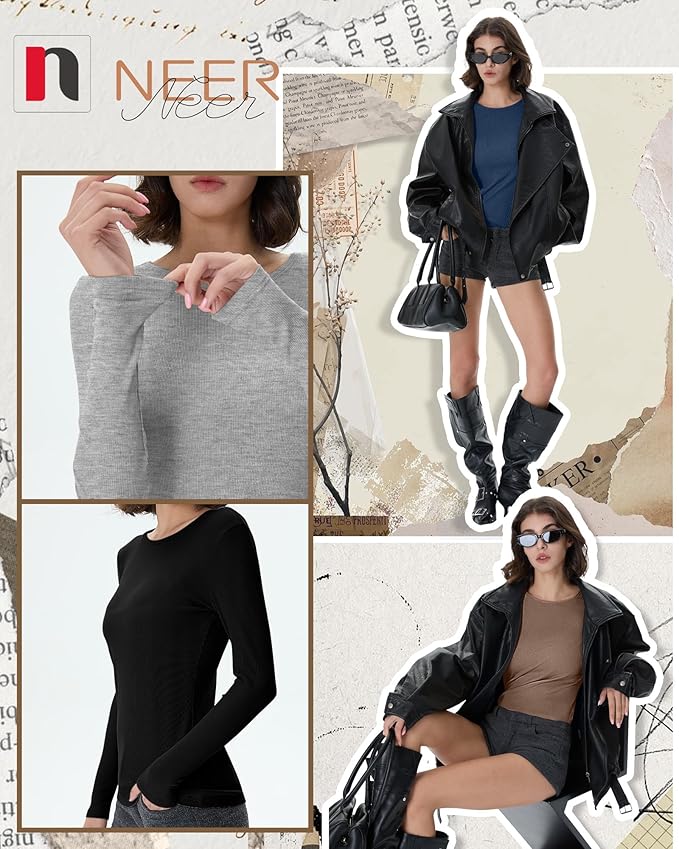 Neer 4 Pack Women's Ribbed Long Sleeve Shirts, Cotton Crew Neck Slim Fit Tops Stretch Knit Casual Base Layer Basic Tee Shirts