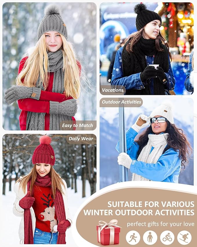 Womens Beanie Hat Scarf Gloves Set, Fleece Lined Winter Hat with Pom Pom, Long Knit Scarf Touchscreen Gloves for Cold Weather