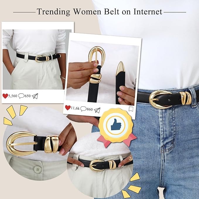 Belts for Women with Gold Buckle – Adjustable Black leather Belt for Jeans, Dress, Pants