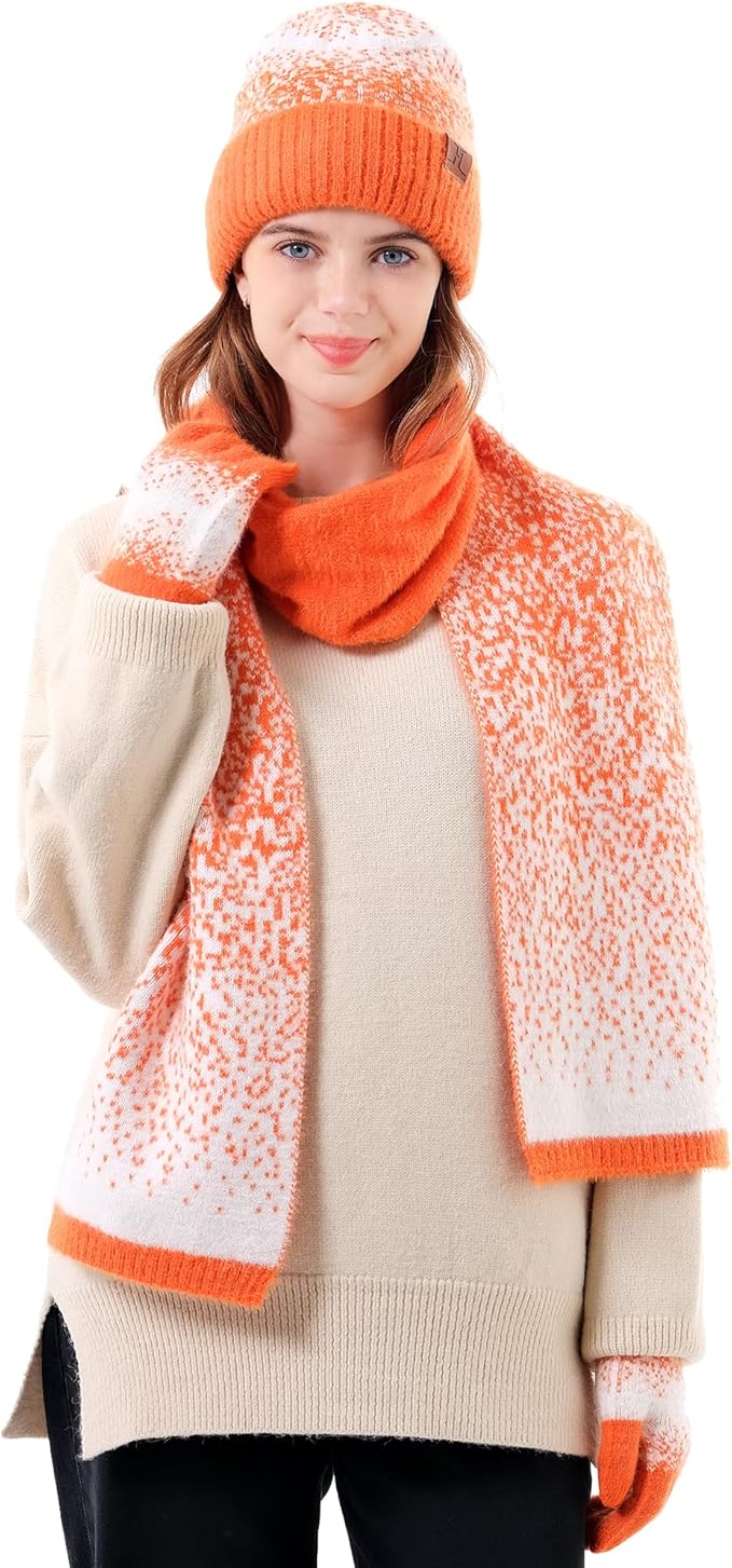 Womens Winter Knit Beanie Hats and Touchscreen Gloves Long Scarf Set with Warm Fleece Lined Skull Caps Scarves for Women