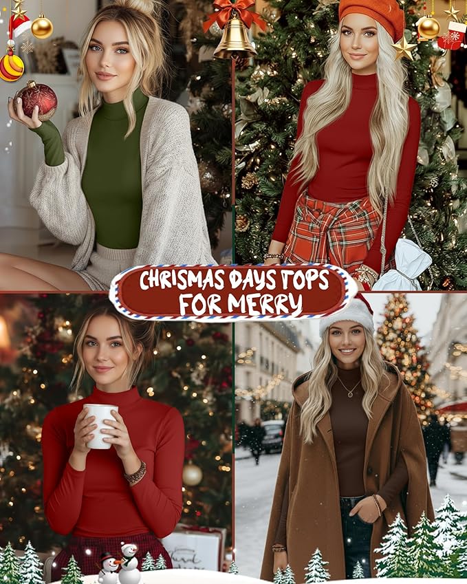 Ficerd 3 Pack Women's Mock Turtleneck Shirts, Long Sleeve Mock Neck Pullover Tops Slim Fitted Stretch Undershirt Tee Blouse