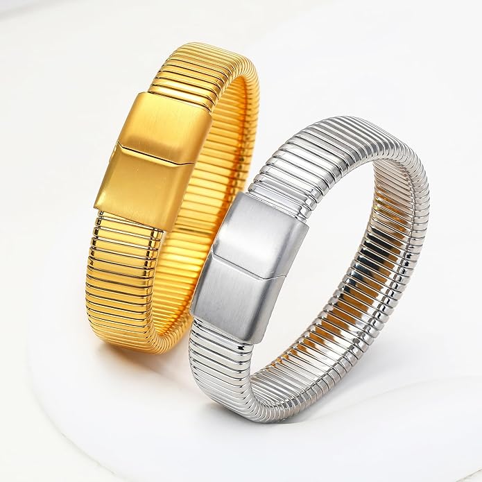 MISS RIGHT Gold Chunky Stretch Snake Chain Bangle Bracelets Stack for Women Trendy, 18K Gold Filled Stainless Steel Stretchy Womens Stackable Wristband Bangles Bracelet Set