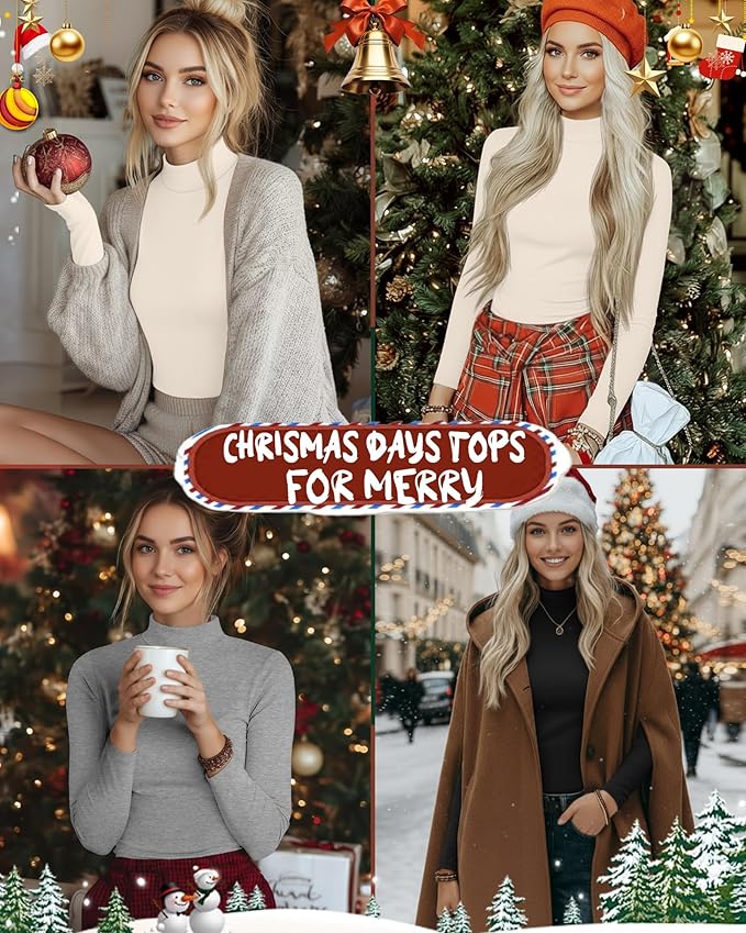 Ficerd 3 Pack Women's Mock Turtleneck Shirts, Long Sleeve Mock Neck Pullover Tops Slim Fitted Stretch Undershirt Tee Blouse