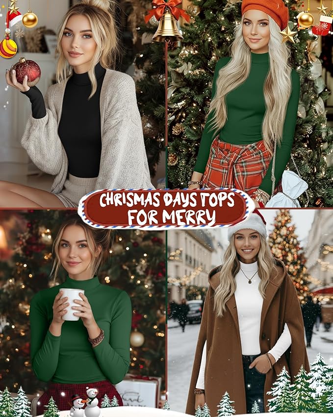 Ficerd 3 Pack Women's Mock Turtleneck Shirts, Long Sleeve Mock Neck Pullover Tops Slim Fitted Stretch Undershirt Tee Blouse