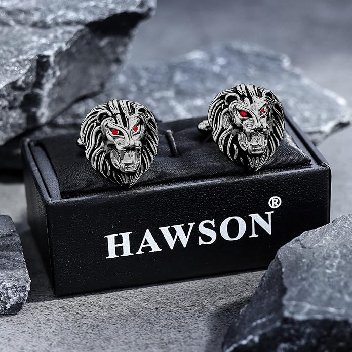 HAWSON Vintage Lion Head Cufflinks for Men with Gift Box, Gold Silver Black Tone Cuff Links for Men's Dress Shirts and French Cuff Shirts, Mens Personalized Jewelry or Accessories Unique