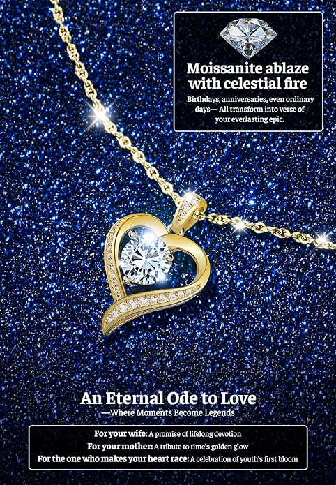Heart Pendent Necklaces for Women, 1-3ct Moissanite Necklace with I love U Engraving - Anniversary Birthday Gifts for Women Her Wife Girlfriend Mom, 925 Silver Jewelry
