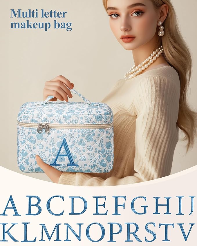 HBselect Initial Quilted Makeup Bag, Cotton Large Travel Makeup Bag, Cute Floral Coquette Make up Bag Cosmetic Bag Toiletry Bag for Women Girls V