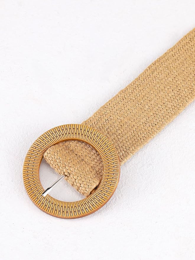 Verdusa Women's Western Belt Cowgirl Boho Straw Belts Round Buckle Elastic Waist Belt