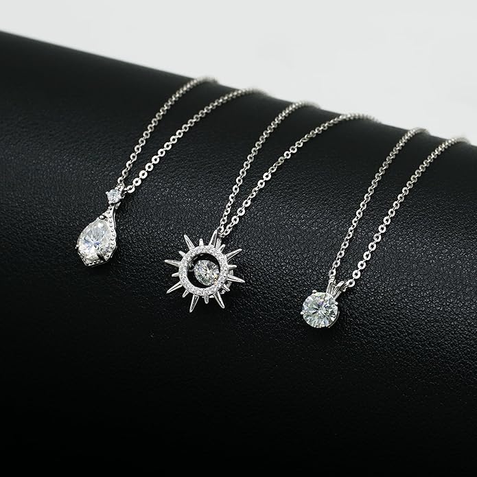 Moissanite 925 Sterling Silver Pendant Necklace 0.5-1 Carat Round Pear Cut, Dainty Elegent D Color Dancing Style with Bead Adjustable Chain Necklace for Women