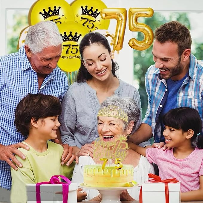 75th Birthday Decorations for Her Girls Set, Include 75th Birthday Crown and 75 Sash, 75th Birthday Cake Topper and 75 Birthday Candles, Gold 75 Balloons, Women 75th Party Supplies(Gold)
