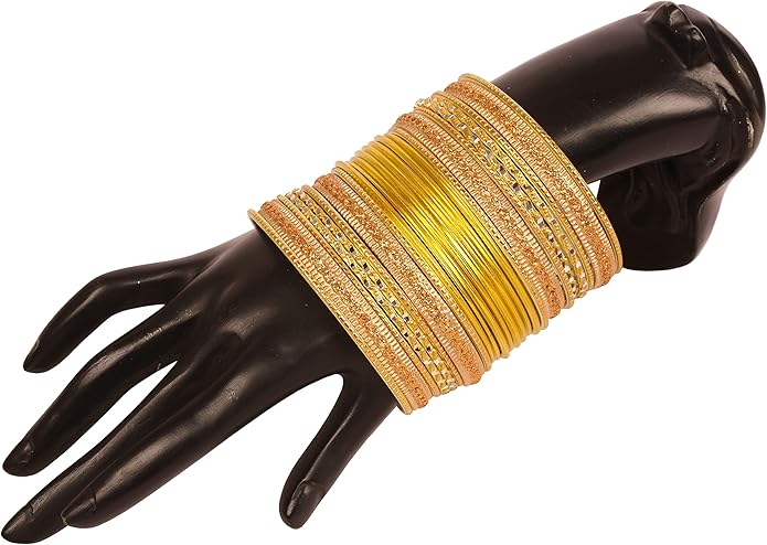 Touchstone Indian Metal Bangles for Women Gold Alloy Bracelets desi 2 Dozen Bangle Collection Bollywood Women's Jewelry Set Multi Stacking Wide Chunky Textured Golden Set of 24 in Gold or White Tone