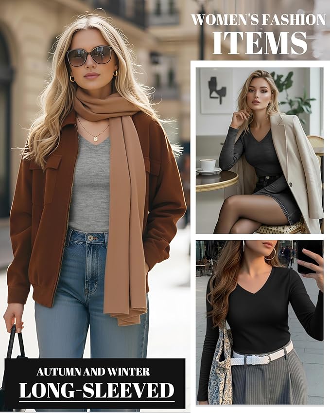 Ficerd 3 Pack Women's Long Sleeve Shirts, V Neck Basic Tees Slim Fitted Casual Fall Tops Going Out Blouses T Shirts