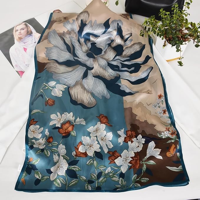 100% Mulberry Silk Scarf for Women Neck Oblong Headscarves Long Floral Print Lightweight Silk Wraps Shawls 67"*20"