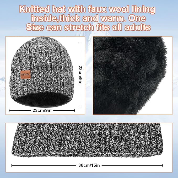3PCS Winter Beanie Hat Scarf Touchscreen Gloves Set for Men and Women, Knitted Fleece Lined Hats Thermal Gloves Long Scarf