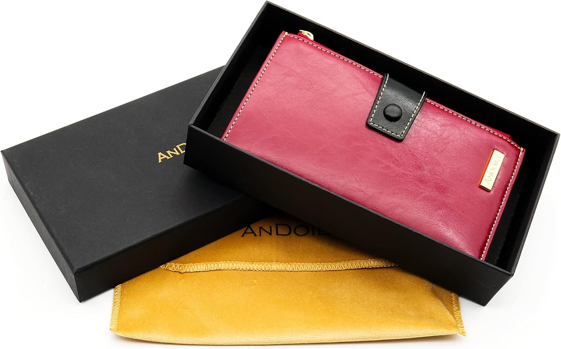 ANDOILT Wallet Women RFID Blocking Genuine Leather Bifold Multi Card Organizer Wristlet Purse Cell Phone Handbag