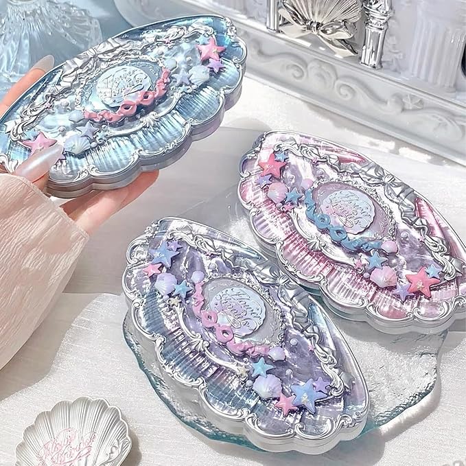 Flower Knows Shell's Jewel 6-Color Makeup Palette,Pink Blue Eyeshadow with 4 Matte + 2 Shimmer Shades,Blendable Smooth Cute Eye Makeup,0.23 Oz(02 Mermaid's Tears)