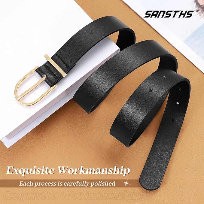 SANSTHS Women Faux Leather Chic Belts for Jeans Pants Fashion Ladies Belt Solid Color with Gold Curved Pin Buckle
