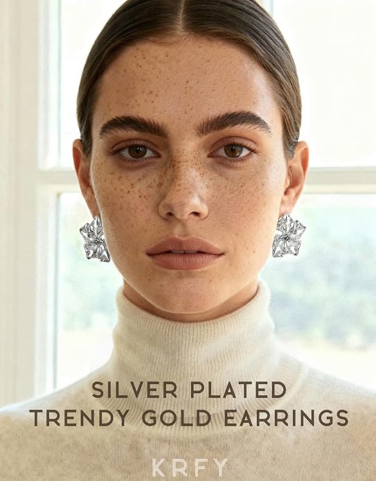 KRFY Statement Earrings 2 Pairs, S925 Sterling Silver Post 16K Plated Chunky Gold Earrings For Women Trendy, Hypoallergenic Big Flower Leaf Stud Earring Set, Silver Color Large Dangle Earrings Jewelry