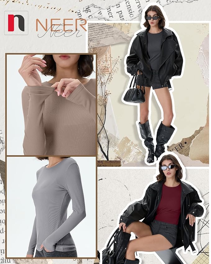 Neer 4 Pack Women's Ribbed Long Sleeve Shirts, Cotton Crew Neck Slim Fit Tops Stretch Knit Casual Base Layer Basic Tee Shirts