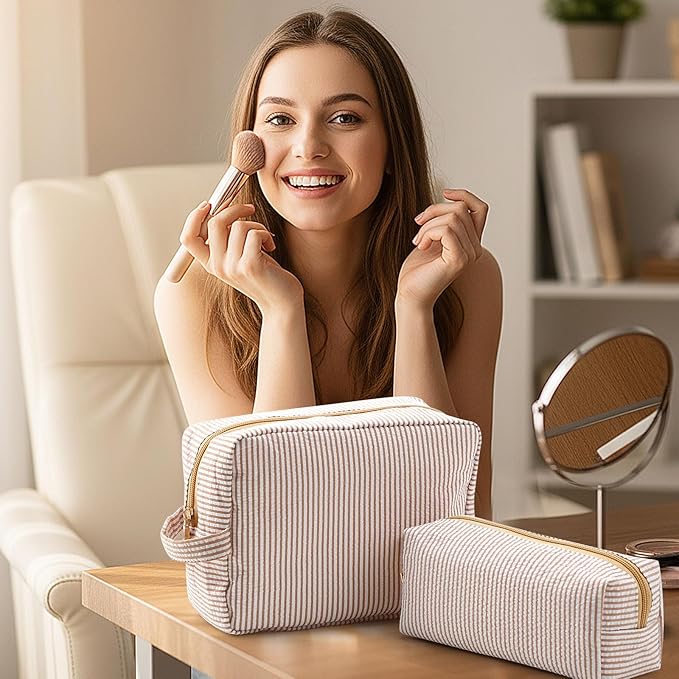 Sanwuta 2 Pcs Makeup Bag Set Seersucker Cosmetic Bag for Women Cute Stripe Travel Toiletry Organizer Aesthetic Preppy Storage Pouch for Girls Wedding Bridesmaid Valentine's Day Gifts(Brown)
