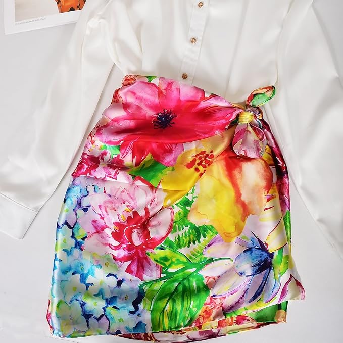 100% Mulberry Silk Scarf for Women Neck Oblong Headscarves Long Floral Print Lightweight Silk Wraps Shawls 67"*20"
