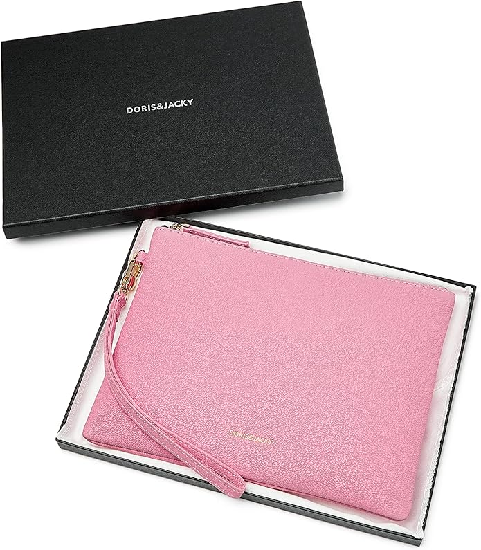 DORIS&JACKY Lambskin Leather Wristlet Clutch Purse for Women Soft Designer Slim Cell Phone Pouch Bag with Detachable Strap