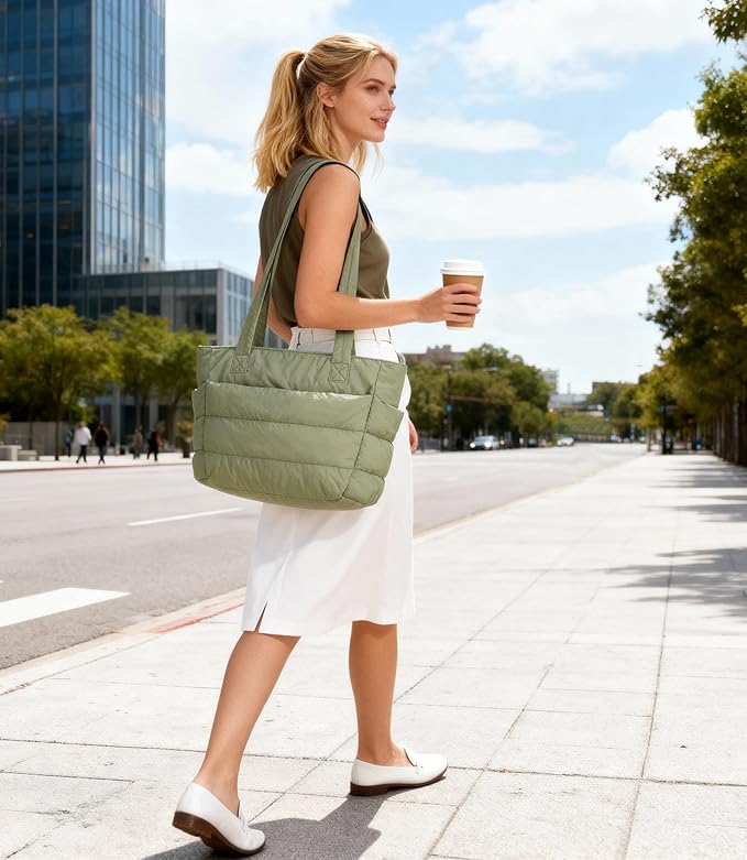 Puffer Tote Bag for Women, Cute Quilted Carryall with Zippered Compartments Shoulder Bag Handbag for Work, Travel, Gym