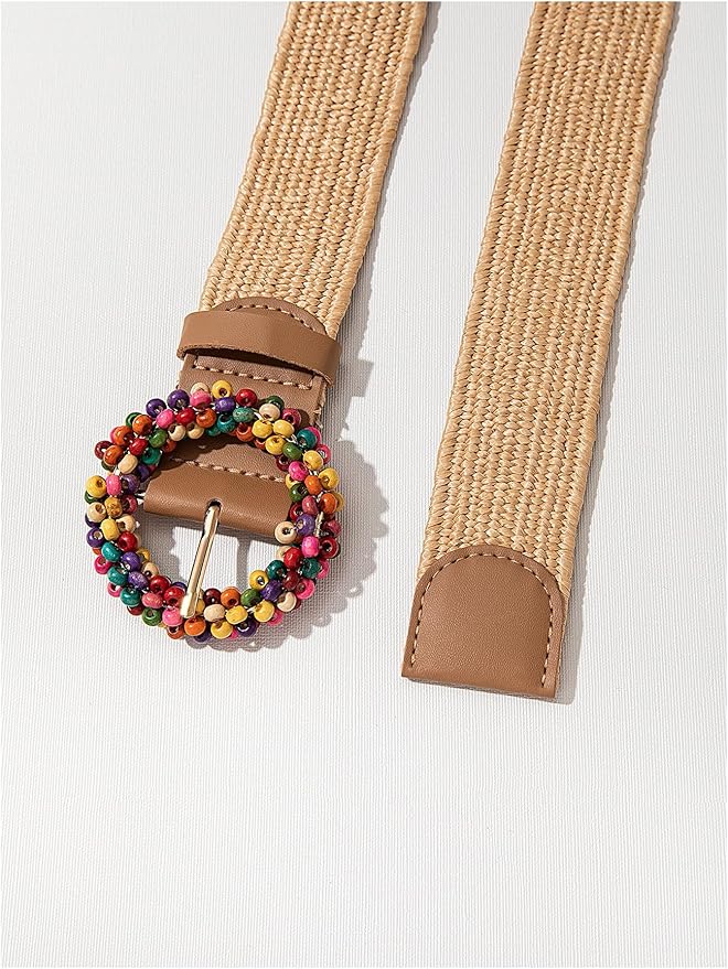Verdusa Women's Western Belt Cowgirl Boho Straw Belts Round Buckle Elastic Waist Belt