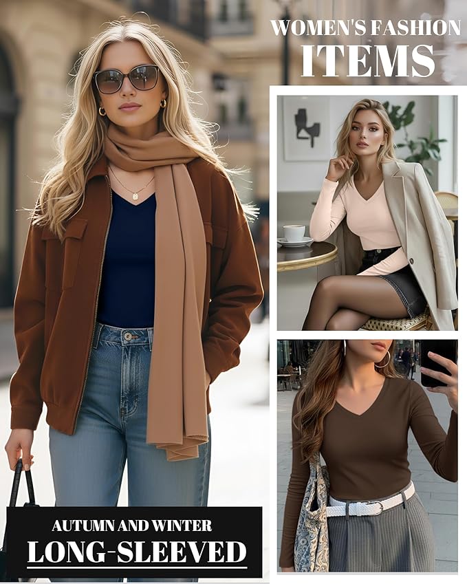 Ficerd 3 Pack Women's Long Sleeve Shirts, V Neck Basic Tees Slim Fitted Casual Fall Tops Going Out Blouses T Shirts