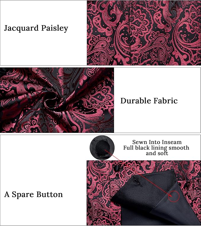 DiBanGu Mens Paisley Suit Vest Silk Jacquard Waistcoat and Necktie Set Formal Shawl Collar Dress Vest 7PCS for Wedding Party