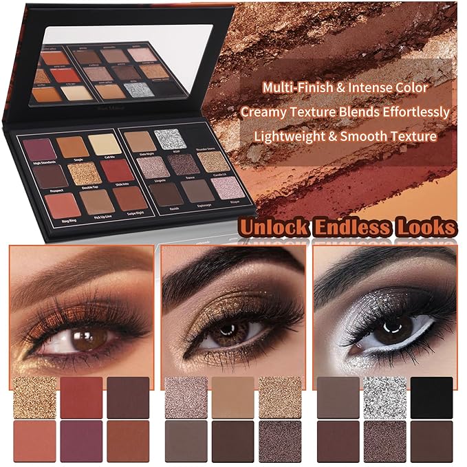 Prism Makeup Matte Eyeshadow Palette Pro 18 Colors Pigmented Shimmer Glitter Eye Shadow Palette, Long Lasting Waterproof Smokey Powder Cosmetics Halloween Makeup Kit (01# Seductress)