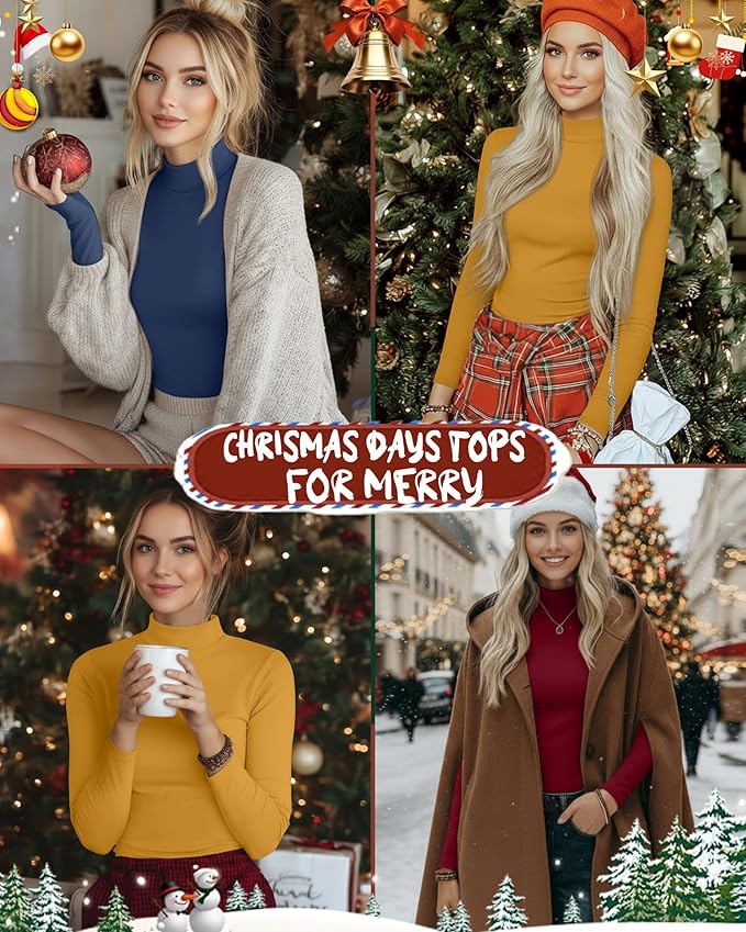 Ficerd 3 Pack Women's Mock Turtleneck Shirts, Long Sleeve Mock Neck Pullover Tops Slim Fitted Stretch Undershirt Tee Blouse