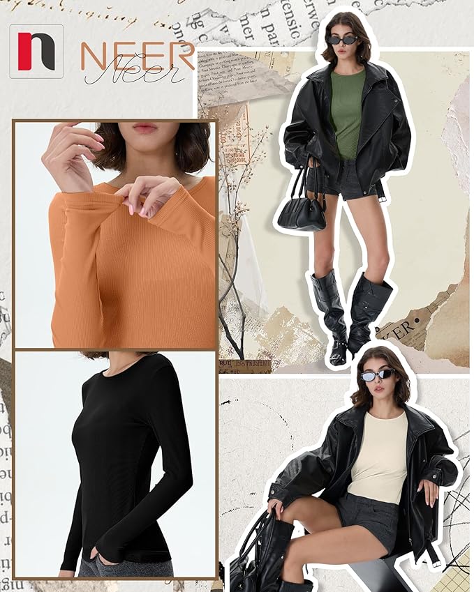 Neer 4 Pack Women's Ribbed Long Sleeve Shirts, Cotton Crew Neck Slim Fit Tops Stretch Knit Casual Base Layer Basic Tee Shirts