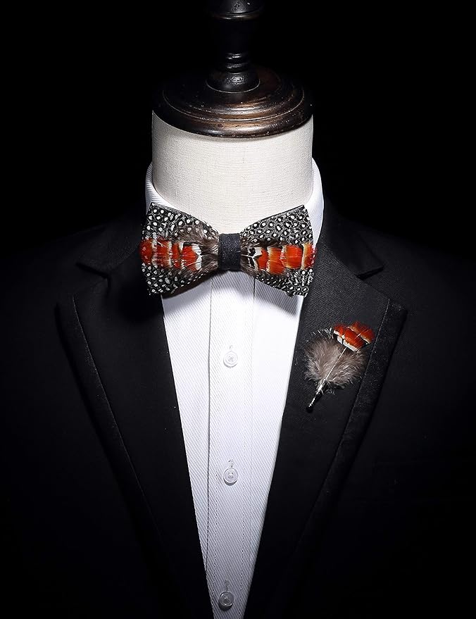 RBOCOTT Handmade Feather Pre-tied Bow tie and Brooch Sets for Men