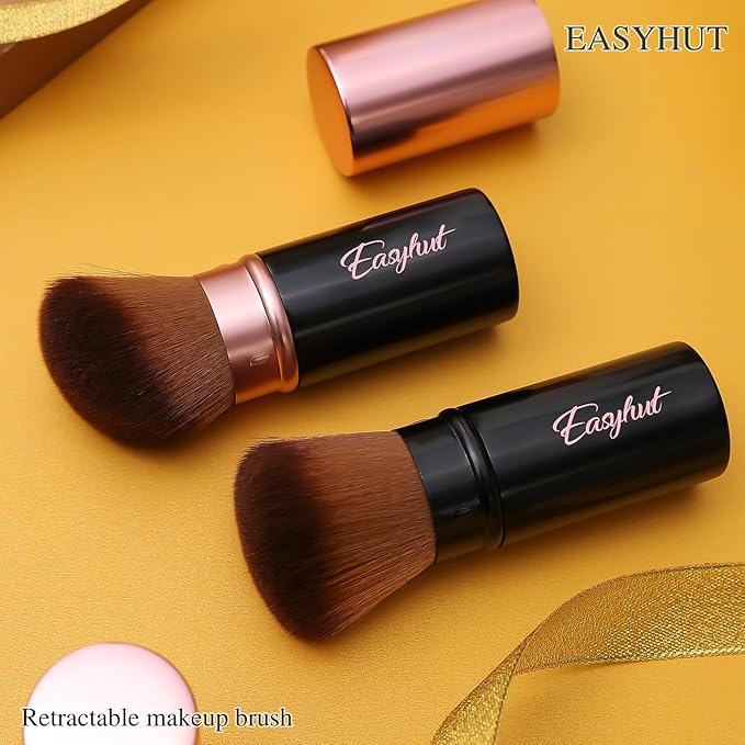 Retractable Kabuki Makeup Brushes 2 Pcs Blush Brushes Set Portable Powder Brushes with Flat and Angled Top for Liquid Cream Girls Cosmetics Travel, Large/1.18inch, Rose Gold