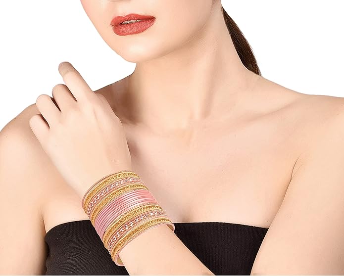 Touchstone Indian Metal Bangles for Women Gold Alloy Bracelets desi 2 Dozen Bangle Collection Bollywood Women's Jewelry Set Multi Stacking Wide Chunky Textured Golden Set of 24 in Gold or White Tone