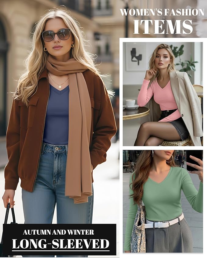 Ficerd 3 Pack Women's Long Sleeve Shirts, V Neck Basic Tees Slim Fitted Casual Fall Tops Going Out Blouses T Shirts